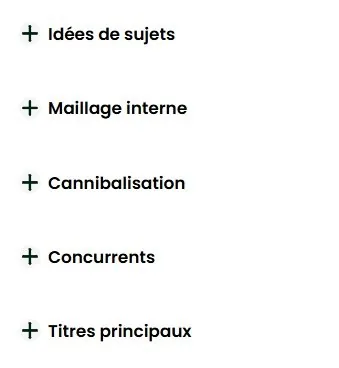 Menu des fonctionnalités complémentaires de Thot SEO