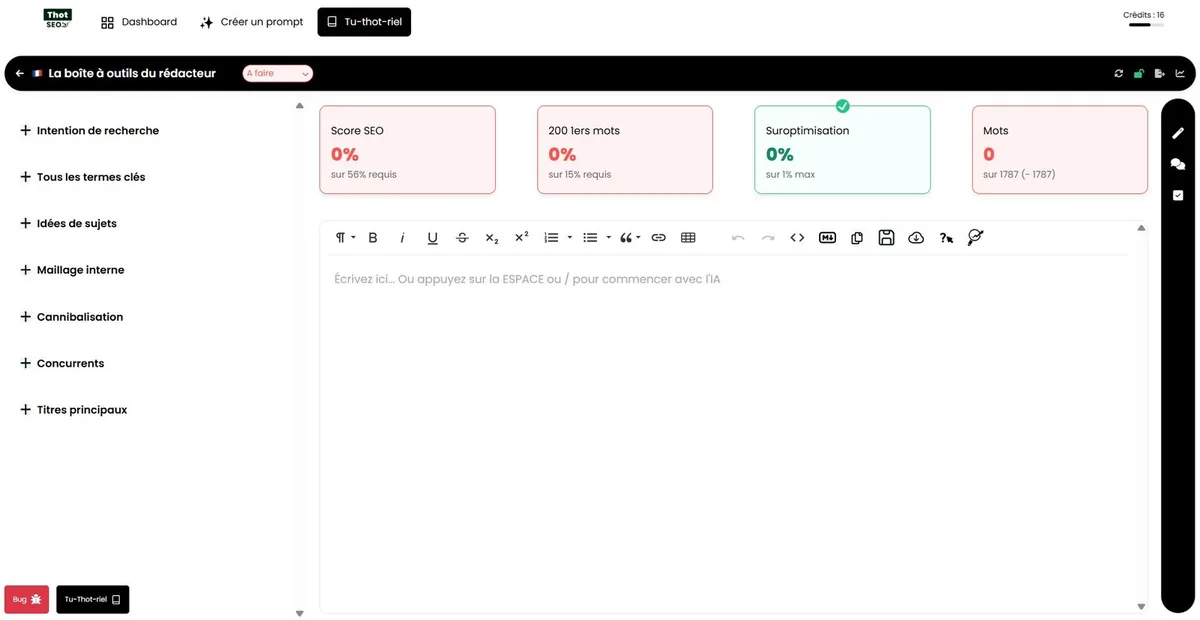 Interface complète de Thot SEO avec le tableau de bord, les scores et l'éditeur de texte