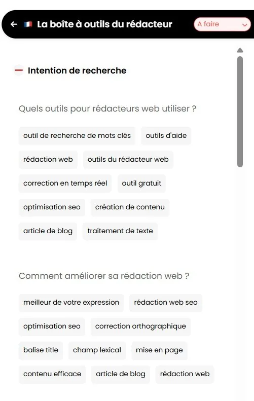 Intentions de recherche dans Thot SEO avec les questions et expressions associées