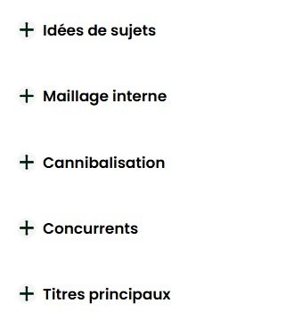 Menu des fonctionnalités complémentaires de Thot SEO