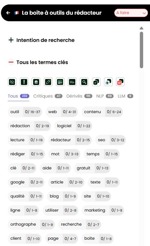 Liste des mots-clés dans Thot SEO avec les catégories Critiques, Dérivés, NLP et LLM